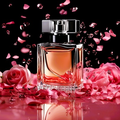 een blik op een fles parfum met roos uitzicht op de achtergrond